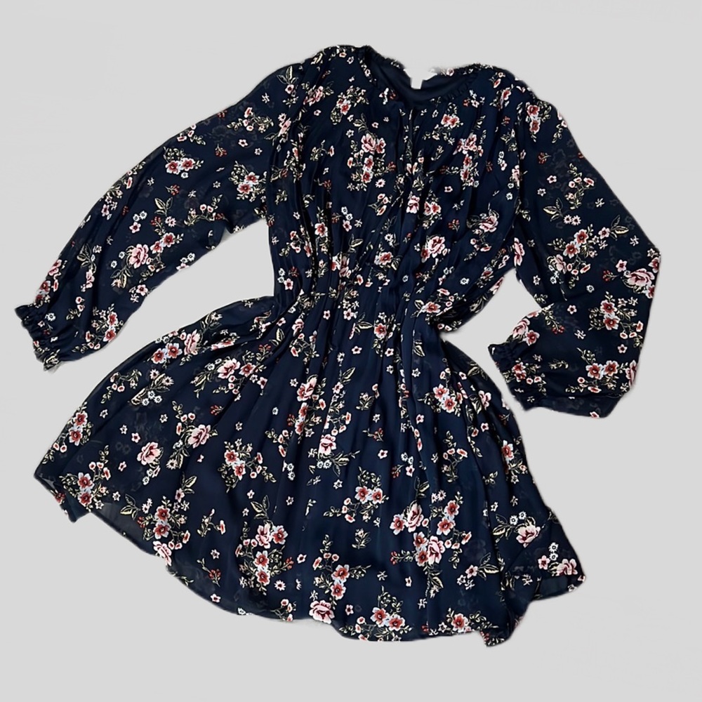 Time and Tru Short Dress Sheer with Slip Navy Floral Sz XL (16-18) Pleated Flowy